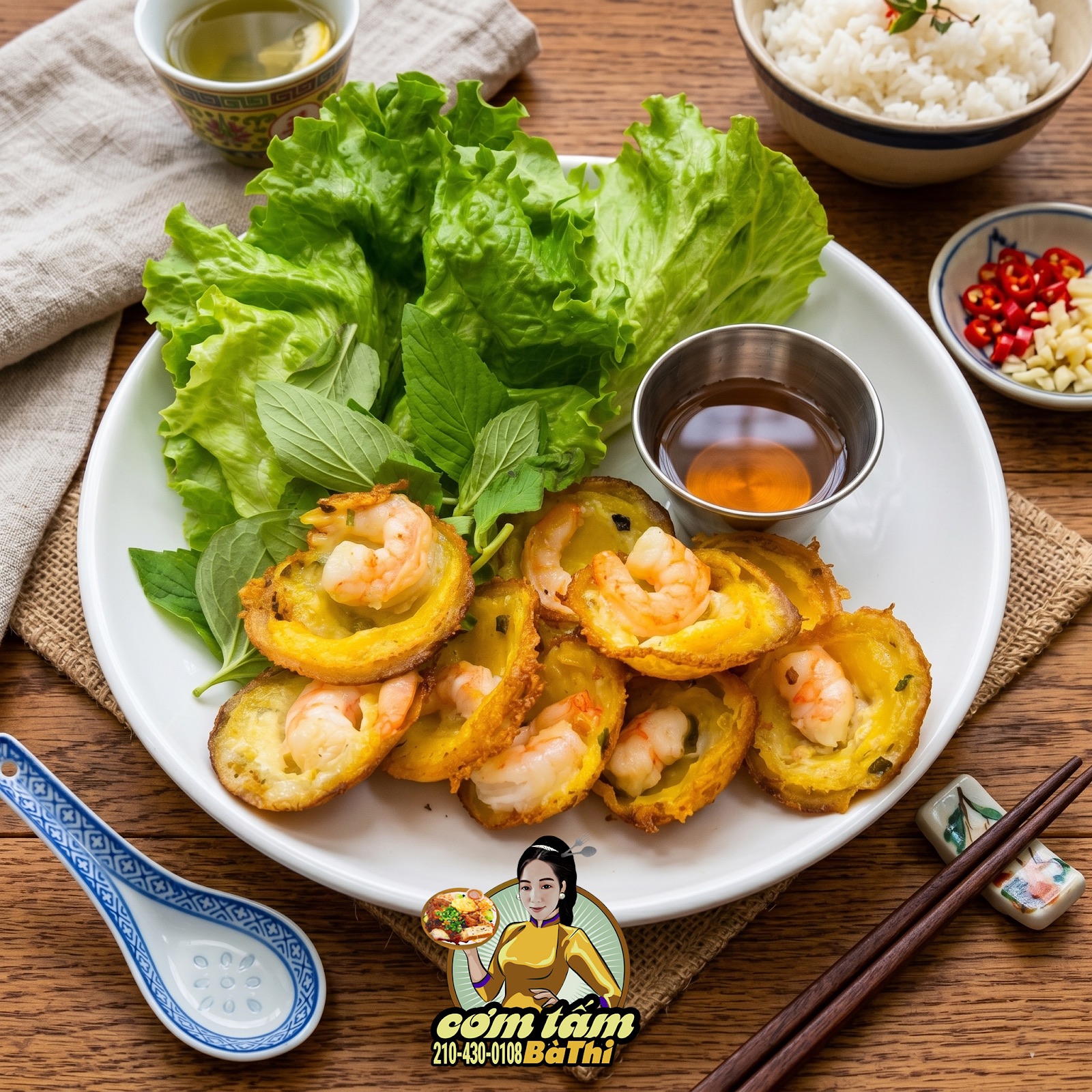 Bánh khọt mini shrimp cakes served with lettuce wraps and dipping sauce