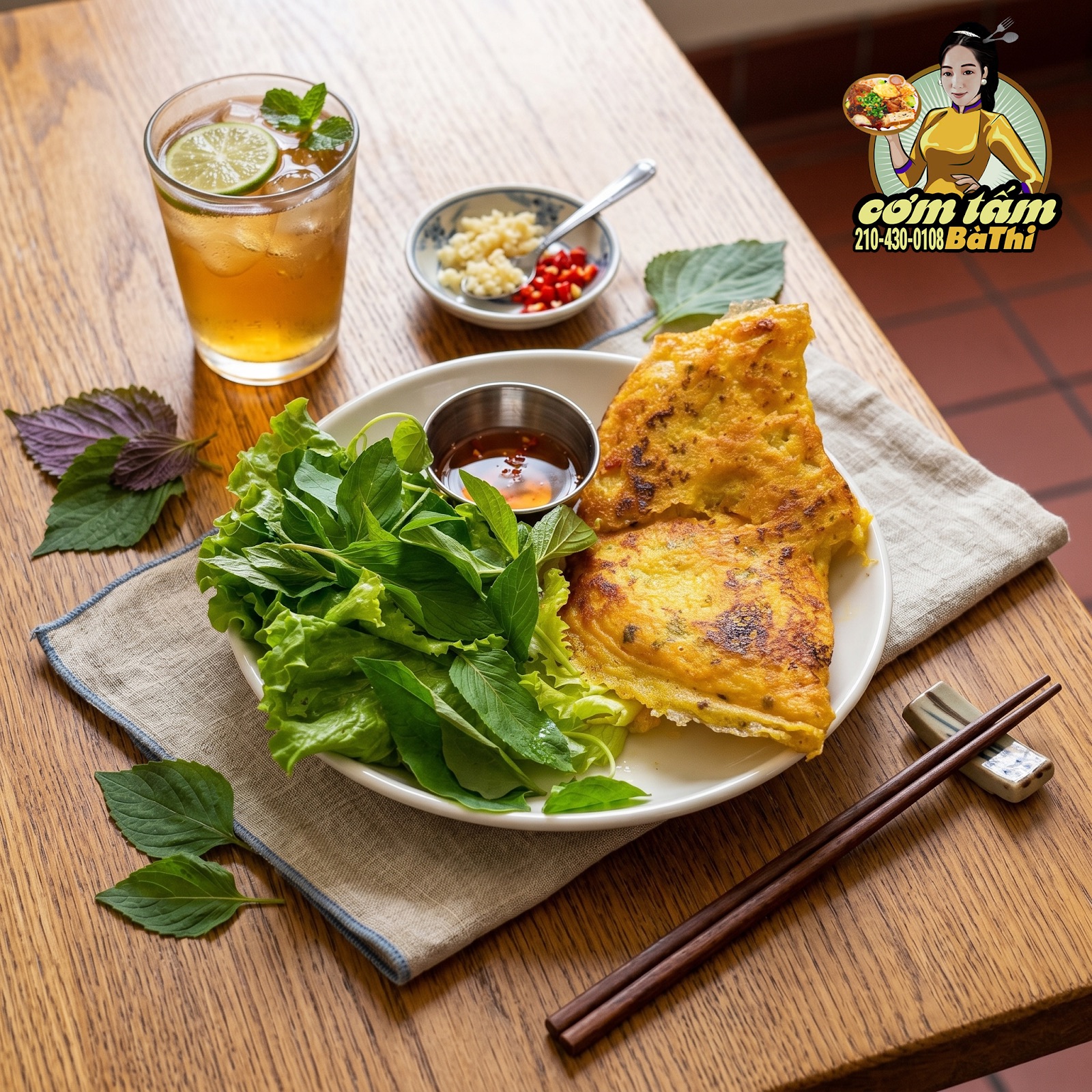 Crispy bánh xèo turmeric crepe served with lettuce and herbs